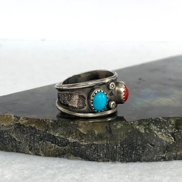 VTG Sterling Silver 925 Southwest Style Turquoise Coral 3 Stone Wide Band Ring - Picture 3 of 16